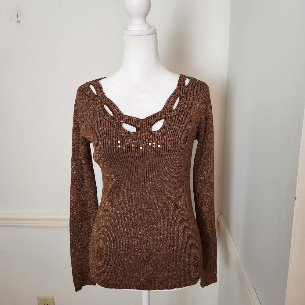 Once Again Sweater Sz Small Women Metallic Gold Brown Ribbed Sequin Fairy Grunge